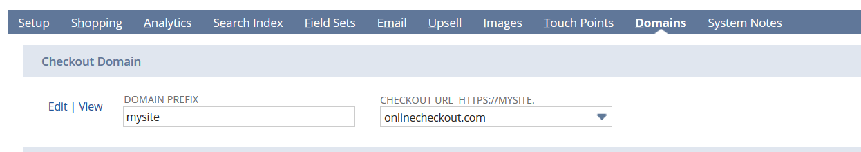 Example of a checkout domain prefix set in the Domains subtab.