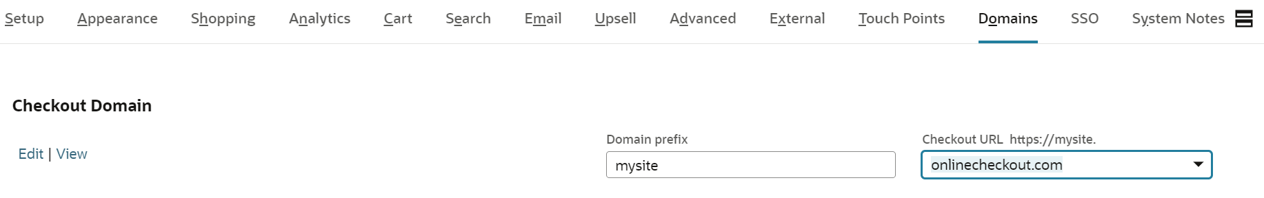 Example of a checkout domain prefix set in the Domains subtab