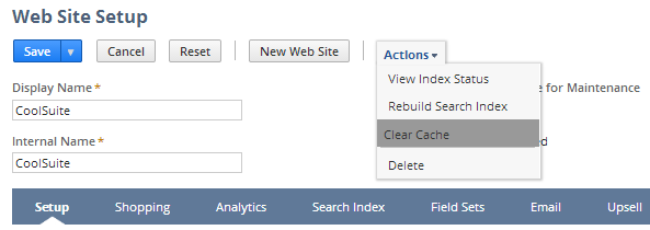 Shows how to clear the cache on the Web Site Setup page.