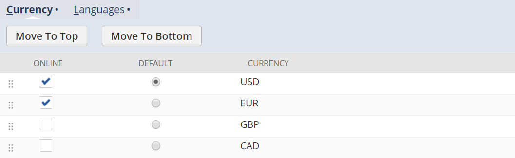 Shows enabled currencies in the Currency subtab and a default currency of USD.
