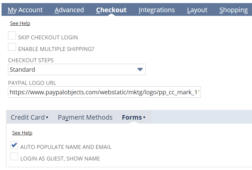 Shows the Forms subtab in the Checkout tab.