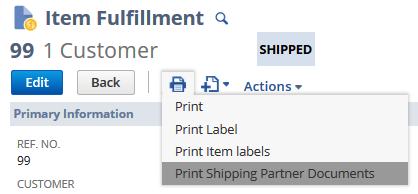 Screenshot of Print Shipping Partner Documents option from the Print dropdown menu