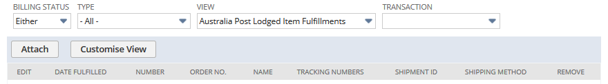 Screenshot of Australia Post Lodged Item Fulfillments columns on the Item Fulfillment subtab