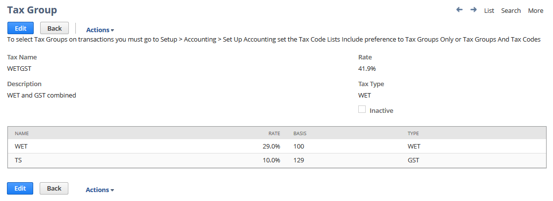 Sample of WETGST tax group