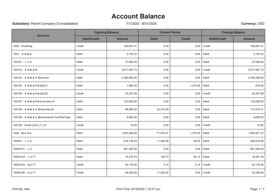 China Account Balance Report Sample