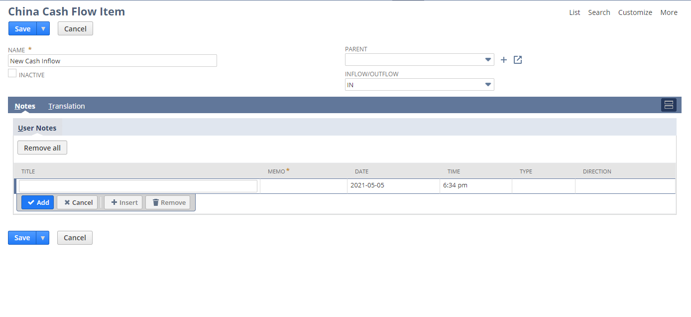 China Cash Flow Item Screen Sample