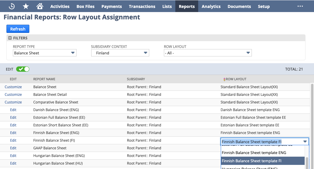 Report Type and Subsidiary Context lists on the Financial Reports: Row Layout Assignment page.