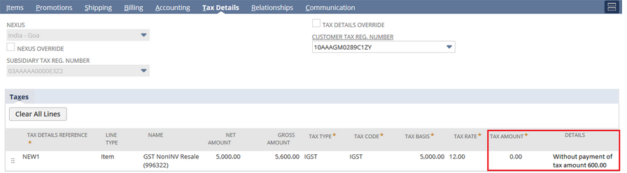 An example of tax details for export without payment of Integrated Goods and Services Tax.