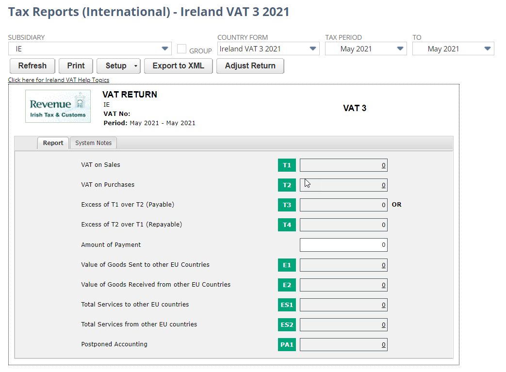 Screenshot of Ireland VAT 3 2021 report