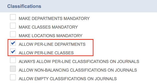 Allow Per-Line Departments and Allow Per-Line Classes boxes in the General subtab on the Accounting Preferences page.