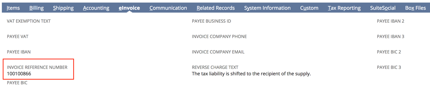 Invoice Reference Number field in the eInvoice subtab.