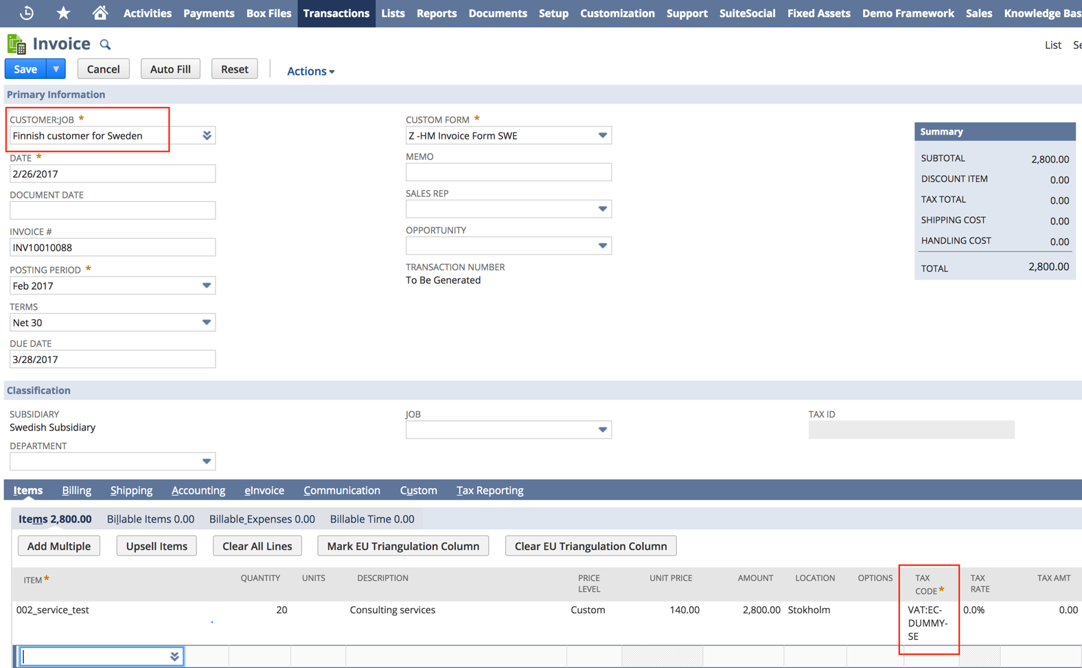 Customer Job and Tax Code fields on an Invoice record page.