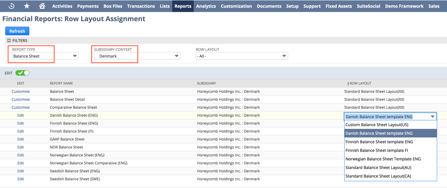 Report Type and Subsidiary Context lists on the Financial Reports: Row Layout Assignment page.