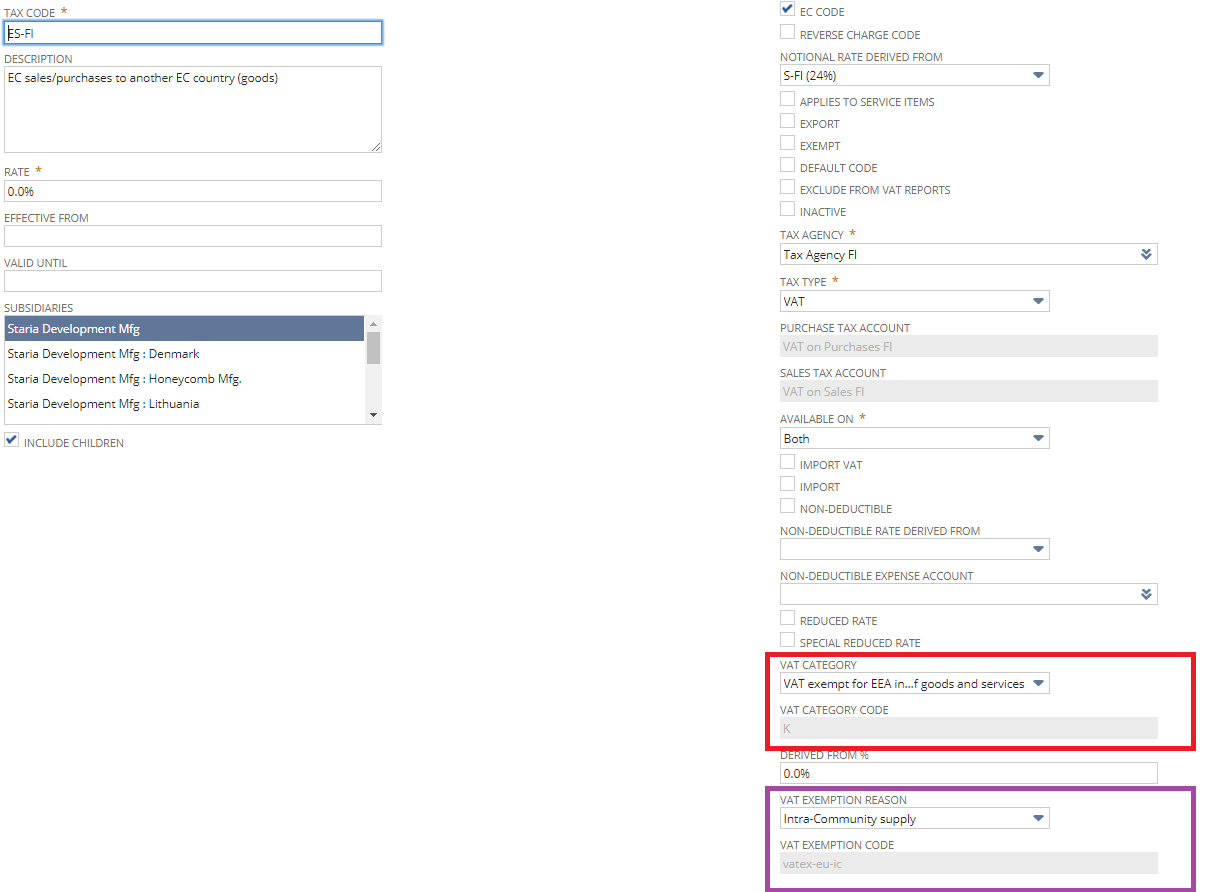 EC Sales Tax Code with VAT Category and VAT Exemption Reason fields on a Tax Code record page.
