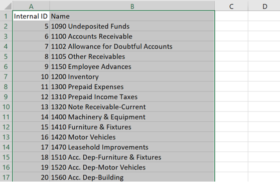 Account search table with Internal ID and Name columns