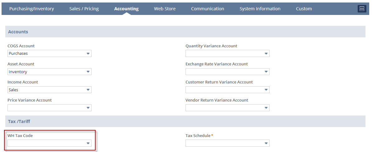An example of the Withholding Tax Code field on the Accounting subtab of item records.