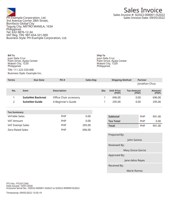 An example of an approved Philippines sales invoice.