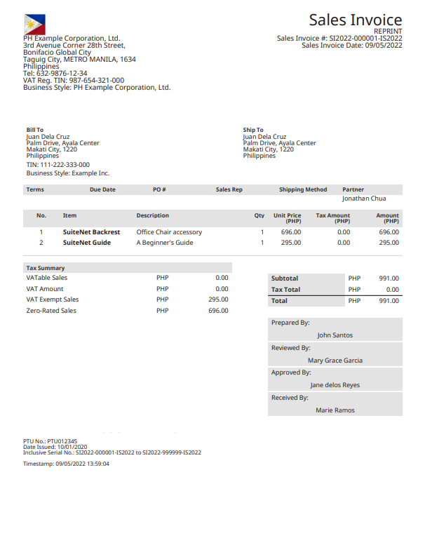 An example of a reprint of an approved Philippines sales invoice.
