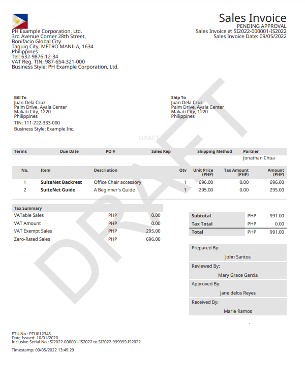 An example of a draft Philippines Sales invoice with pending approval.