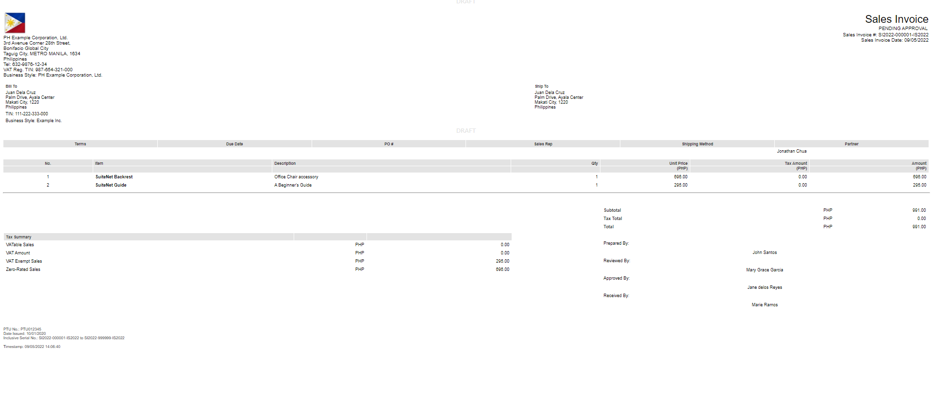 An example of a draft Philippines sales invoice in HTML.