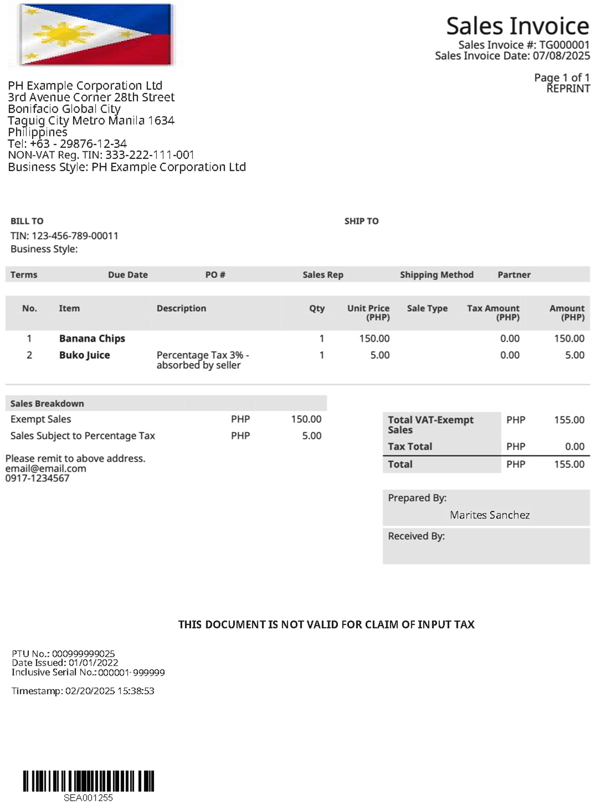 A sample reprinted mixed non-VAT sales invoice