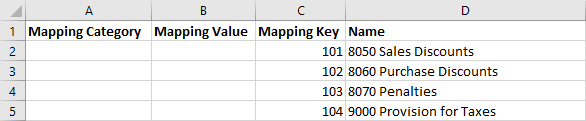 Example of the CSV file with Mapping Category, Mapping Value, and Mapping Key columns