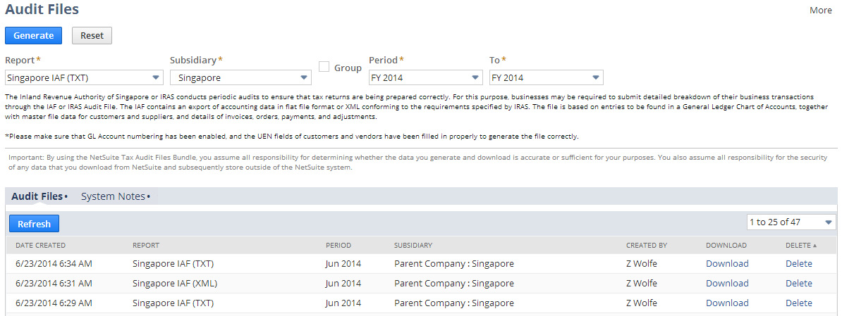 An example of Singapore Audit Files.