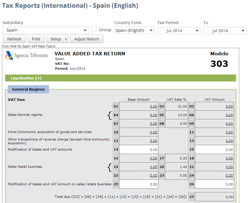 Screenshot of Spain VAT Report