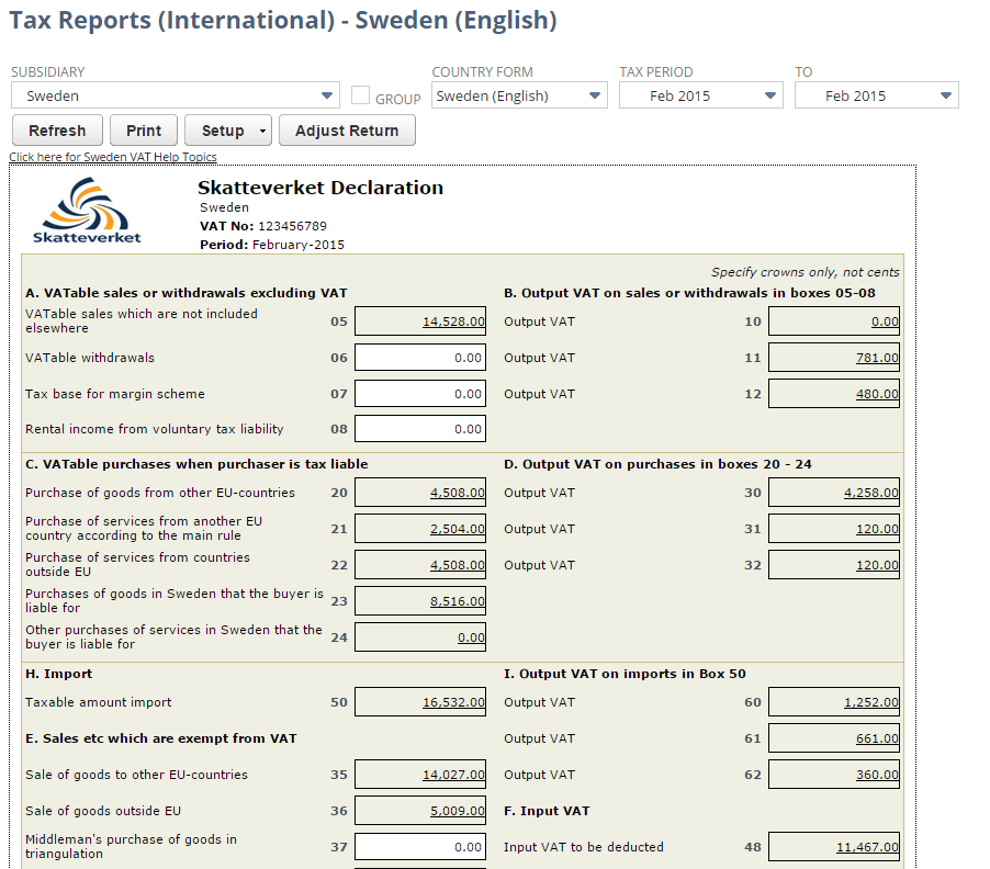 Screenshot of Sweden VAT Report