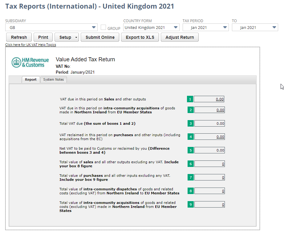 Screenshot of United Kingdom VAT100 report