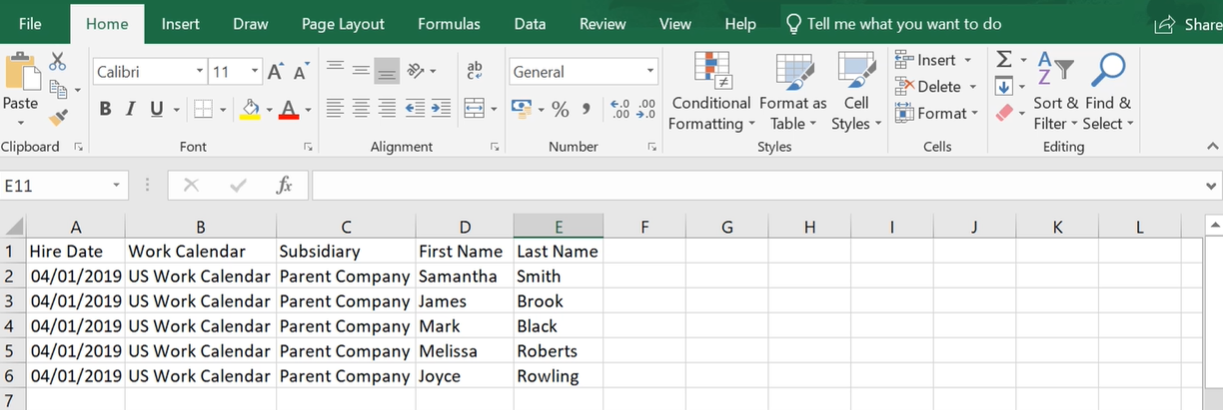 Screenshot of employee information organized in a CSV file