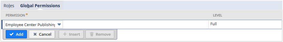 Screenshot of the Global Permissions subtab that appears when giving an employee the Employee Center Publishing permission.