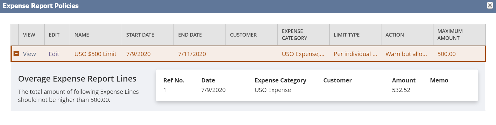 NetSuite Applications Suite Expense Report Policies