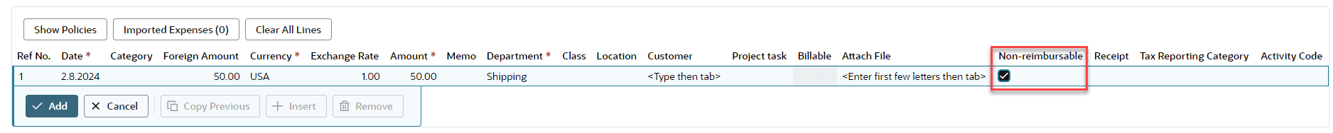 Screenshot of an expense that is marked as non-reimbursable. In the non-reimbursable column, the checkbox is checked.