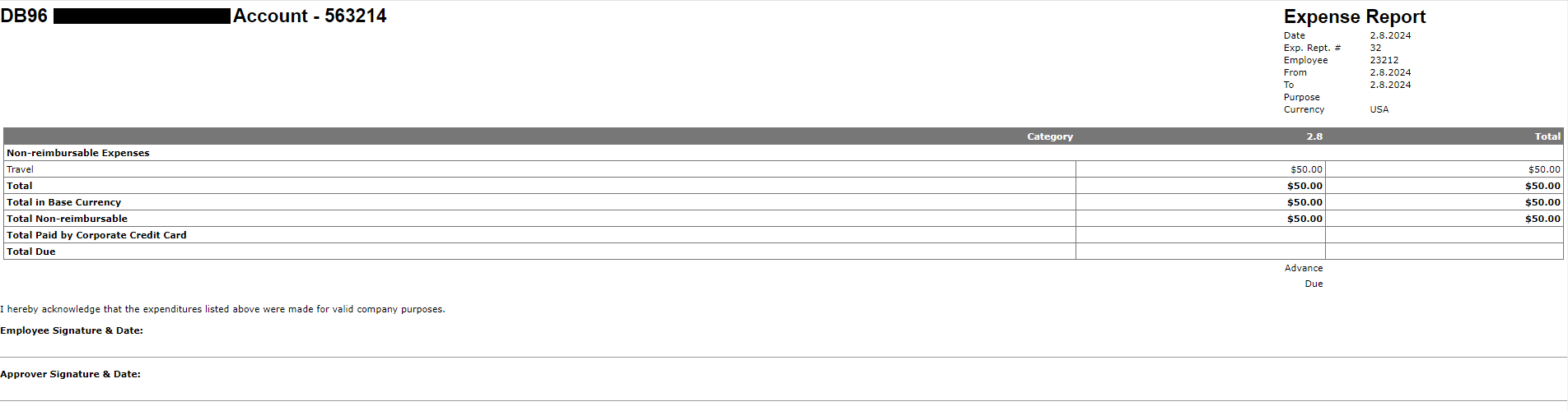 Screenshot of an expense report that is printed and shows categories for reimbursable and non-reimbursable expenses.