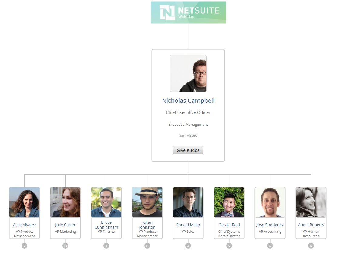 Diagram of a tree structure that shows an example company hierarchy, centered on the person at the top of the organization. Each person's card shows a picture of them, their name, and their job title.