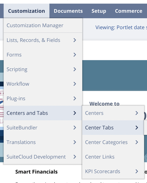 Checking NetSuite Customization menu for centers and tabs