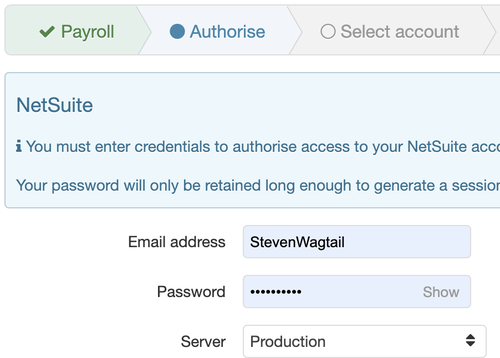 Entering NetSuite credentials in Adi Insights
