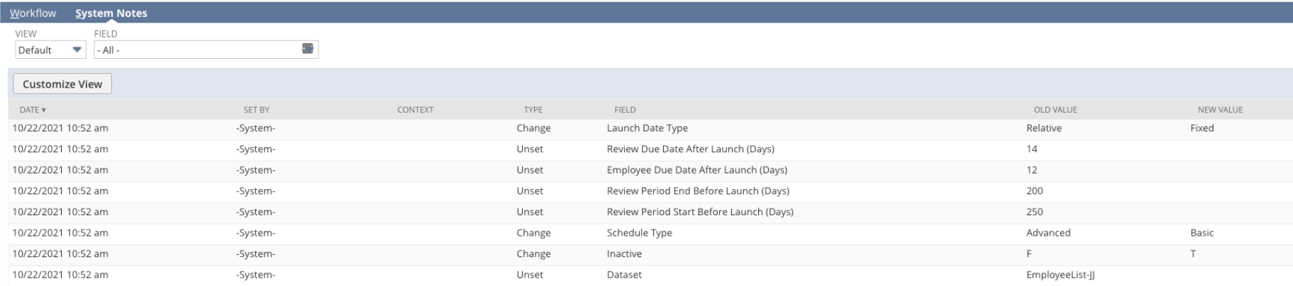 Screenshot showing the changes found in the System Notes tab of a performance review schedule when the SuiteAnalytics feature is turned off
