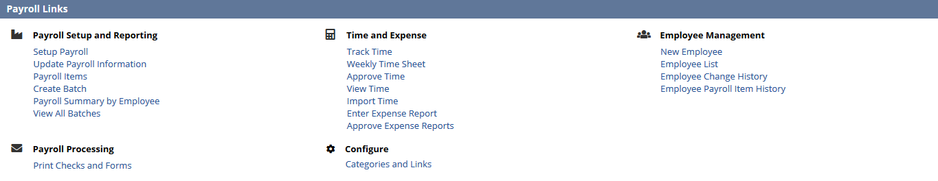 Screenshot depicting the collection of Payroll Links that direct you to different features.