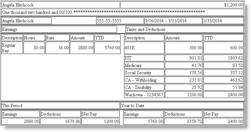 Screenshot of a Direct Deposit Voucher to one prenoted net account.