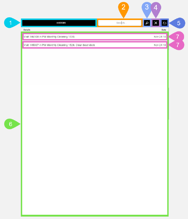 NextService Mobile history task list screen.