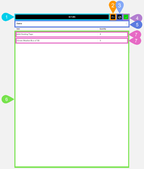 NextService Mobile return item list screen.