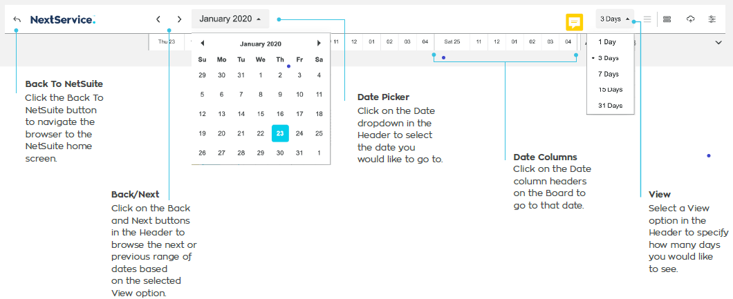 Scheduler screen showing navigation buttons and date pickers