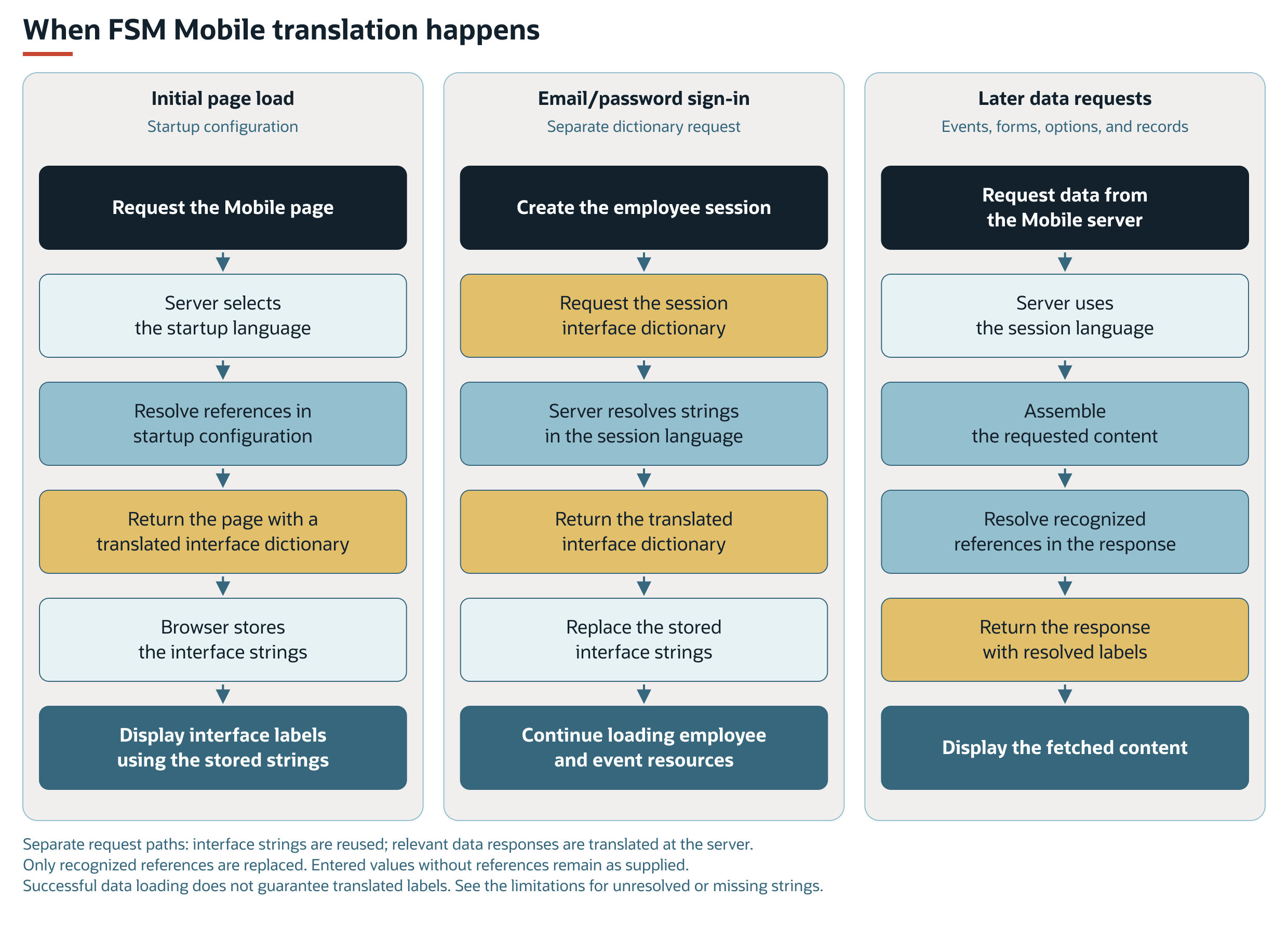 Separate FSM Mobile translation paths for startup, email/password sign-in, and later data requests.