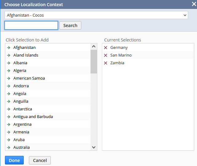 Choose countries in the Localization Context popup window.