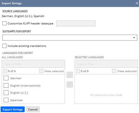 Manage Translations Export Strings page.