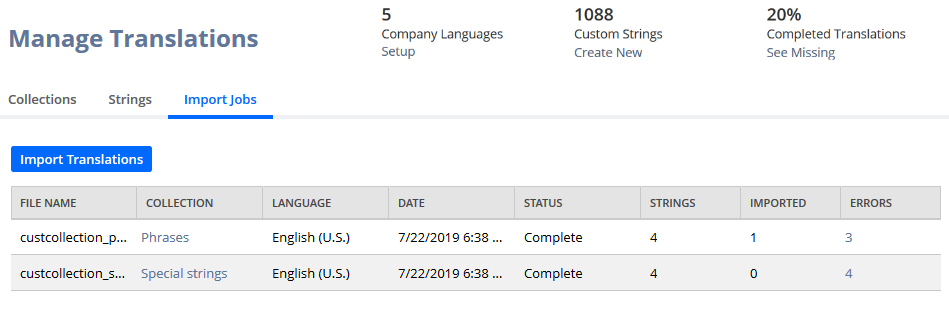 Import Jobs subtab on the Manage Translations page.