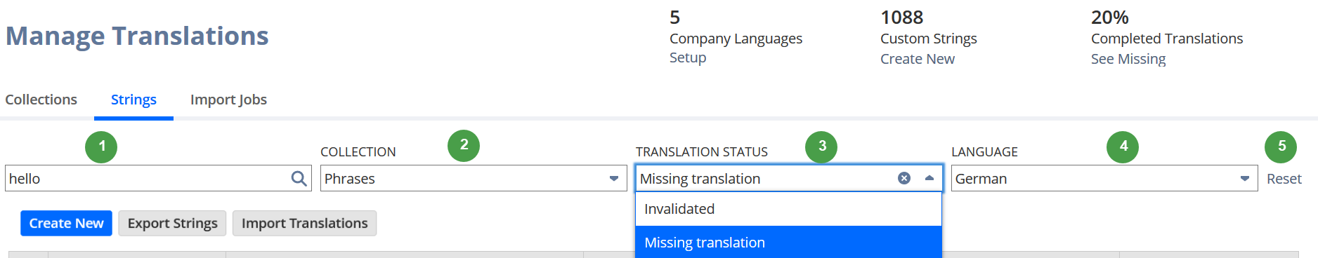 Manage Translations Strings filters.