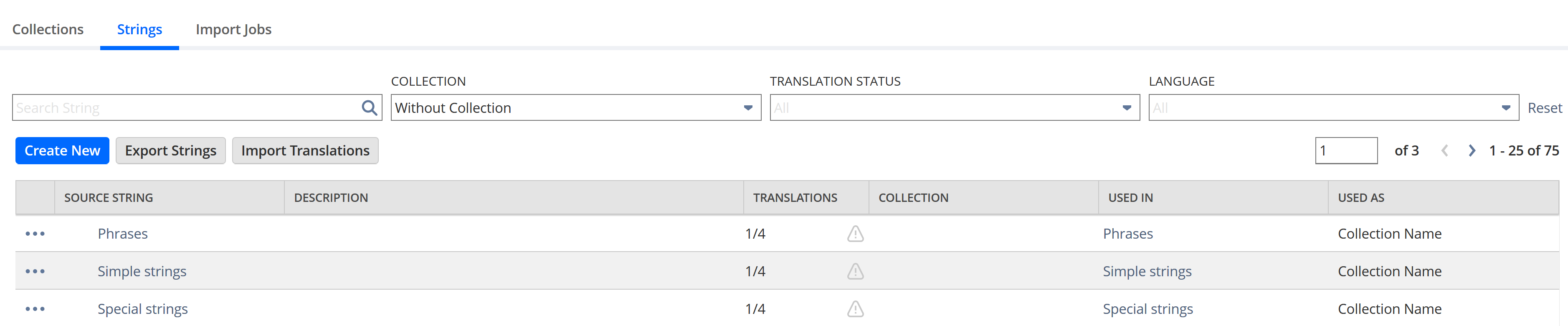 Without Collection selected on the Collection field of the Manage Translations page.